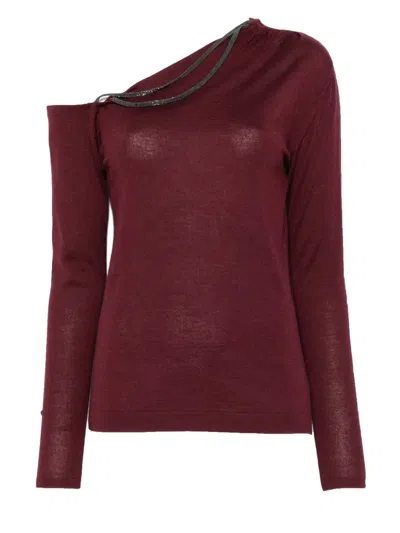 Brunello Cucinelli One-shoulder Chain-embellished Top In Burgundy