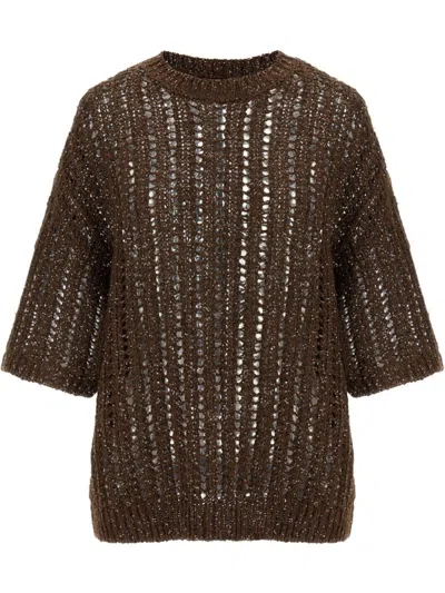 BRUNELLO CUCINELLI BRUNELLO CUCINELLI OPEN KNIT BROWN SWEATER