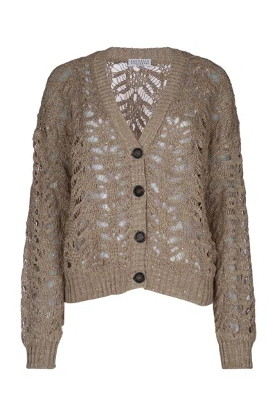 Brunello Cucinelli Open Knit Cardigan In Brown