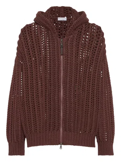 Brunello Cucinelli Ribbed Openwork Cardigan In Brown