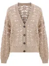 Brunello Cucinelli Perforated Linen And Silk Cardigan With Micro-sequins In Brown