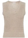 Brunello Cucinelli Feminine Camel Open Knit Cotton Top For Ss24 In Brown