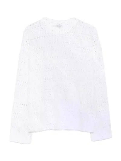 Brunello Cucinelli Open Knit Linen Sweater In White