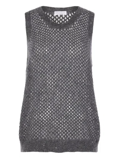 Brunello Cucinelli Open-knit Sequin Top In Gray