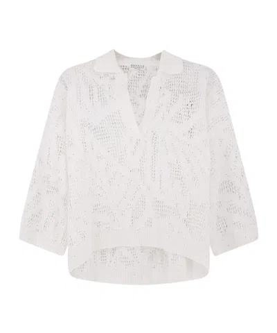 Brunello Cucinelli Open-knit Sequined Polo Knitted Top In Neutral