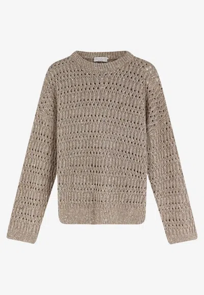 Brunello Cucinelli Open Knit Sequined Sweater In Brown