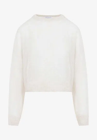 Brunello Cucinelli Open Knit Sheer Sweater In White