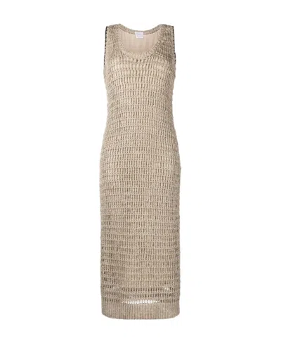Brunello Cucinelli Open-knit Shift Midi Dress In Brown