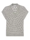 Brunello Cucinelli Open-knit Short Sleeve Sweater With V-neckline In Gray