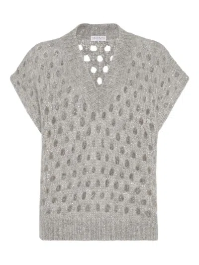 Brunello Cucinelli Open-knit Short Sleeve Sweater With V-neckline In Gray