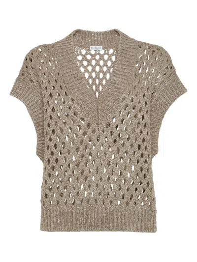 Brunello Cucinelli Open-knit Sleeveless Top In Gray