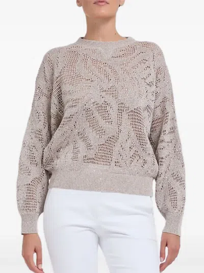 Brunello Cucinelli Sequined Open-knit Linen-blend Sweater In Neutral
