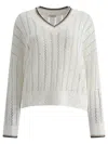 Brunello Cucinelli Open-knit Sweater With Vertical Stripes In White