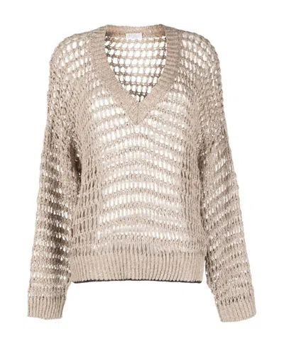Brunello Cucinelli Open-knit V-neck Jumper In Brown