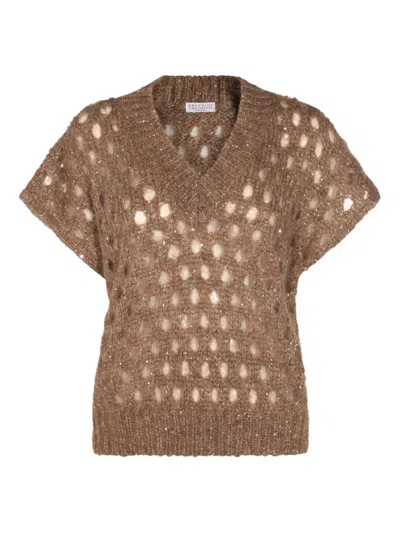 BRUNELLO CUCINELLI OPEN-KNIT V-NECK SWEATER