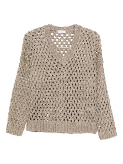 Brunello Cucinelli Open-knit V-necked Sweater In Neutral