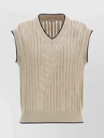 BRUNELLO CUCINELLI OPEN KNIT VEST RIBBED TRIM
