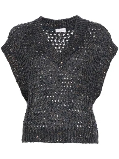 Brunello Cucinelli Women's Dazzling Net Silk And Linen Waistcoat In Blue