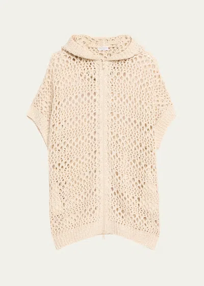 Brunello Cucinelli Open-weave Knit Sweater Coat With Paillette Detail In C9437 White Beige