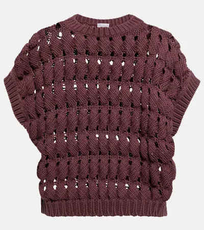 Brunello Cucinelli Open-work Cotton-blend Top In Burgundy Orchid