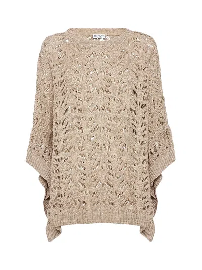 Brunello Cucinelli Open-knit Linen Blend Cape In Beige