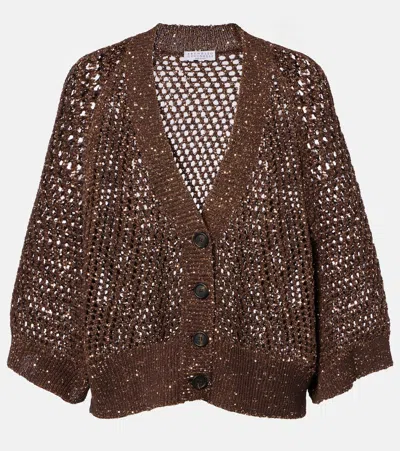 Brunello Cucinelli Open-knit Sequined Cardigan In Brown