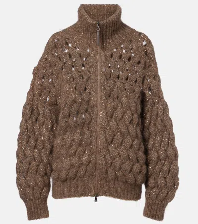 Brunello Cucinelli Open-knit Sequined Mohair And Wool-blend Cardigan In Brown