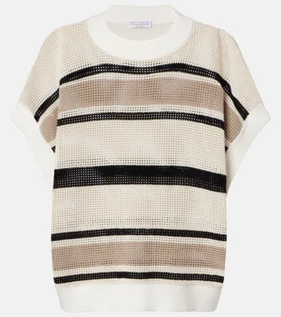 BRUNELLO CUCINELLI OPEN-KNIT STRIPED COTTON TOP
