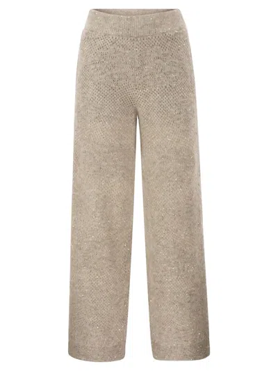 Brunello Cucinelli Open-knit Trousers With Sequins In Beige