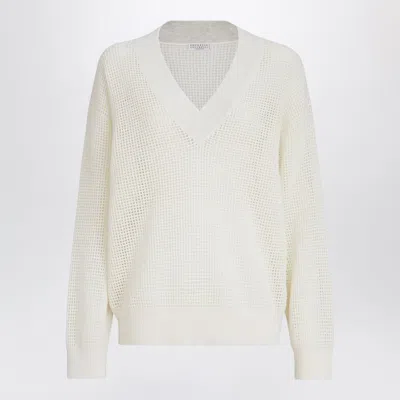 Brunello Cucinelli Open-knit V-neck Sweater In White