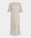 Brunello Cucinelli Openweave Pailette Silk And Linen Short-sleeve Midi Sheath Dress In Neutral