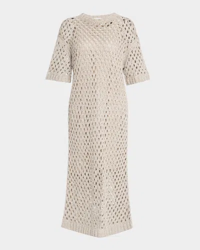 Brunello Cucinelli Openweave Pailette Silk And Linen Short-sleeve Midi Sheath Dress In Neutral