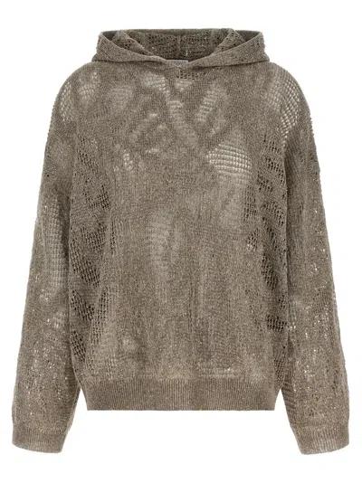 Brunello Cucinelli Openwork Hooded Sweater In Gray