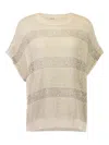 Brunello Cucinelli Openwork Knit Crewneck Top With Micro Sequins In Neutral