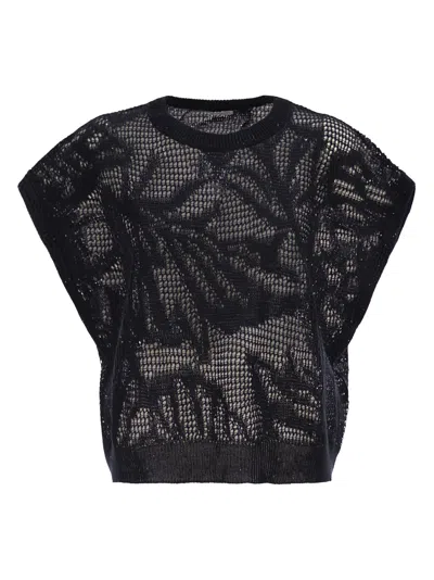 Brunello Cucinelli Women Openwork Knit Top With Sequins In Black