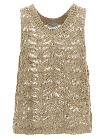 Brunello Cucinelli Dazzling Open Knit Sleeveless Top In Beige