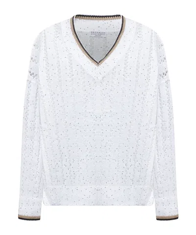 Brunello Cucinelli Openwork Knitted V-neck Jumper In White