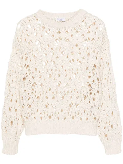 Brunello Cucinelli Women's Jute And Cotton Cropped Mesh Sweater In Nude & Neutrals