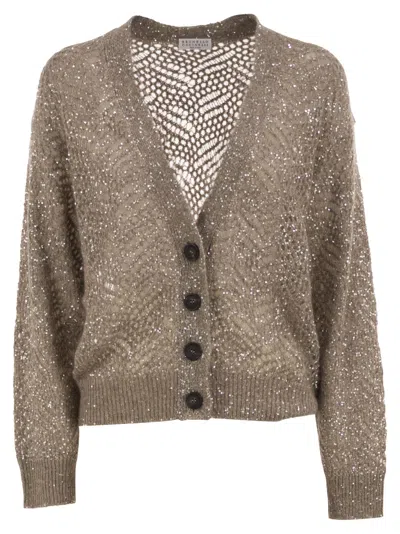 Brunello Cucinelli Openwork Mohair Cardigan With Sequins In Multi