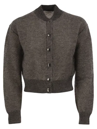 Brunello Cucinelli Openwork Mohair Cardigan With Shimmering Yarn In Gray