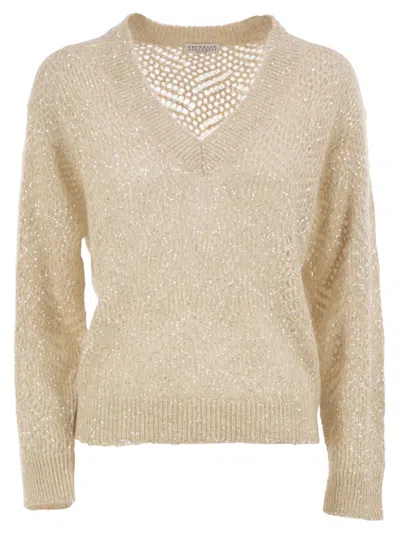 Brunello Cucinelli Openwork Mohair Sweater With Sequins In Neutral