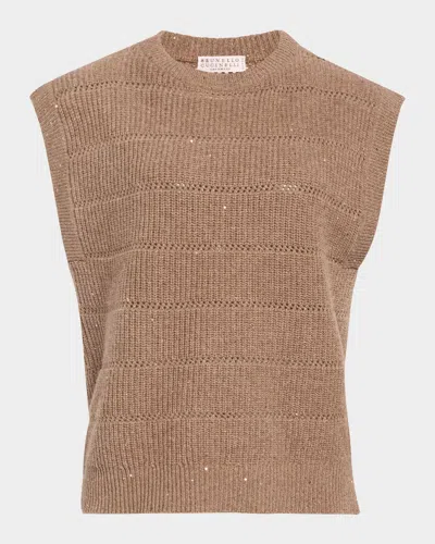 Brunello Cucinelli Openwork Pailette Knit Top In Brown