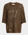 Brunello Cucinelli Openwork Pailette Rib Short-sleeve Sweater In Brown