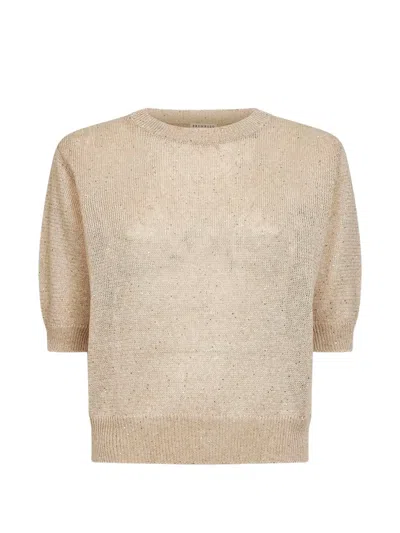 Brunello Cucinelli Linen Cotton Sweater Metallic Thread Detail In Neutral