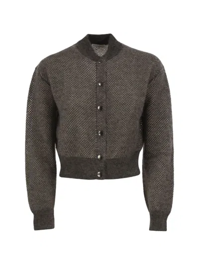 Brunello Cucinelli Openwork Mohair Cardigan With Shimmering Yarn In Brown