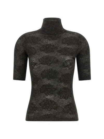 Brunello Cucinelli High Neck Short Sleeve Openwork Knit Sweater In Black