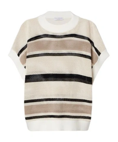 Brunello Cucinelli Openwork Striped Knit Sweater In Multi