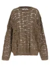 Brunello Cucinelli Dazzling Brown Round Neck Sweater With Open Stitch And Beaded Decorations In Linen Blend Woman In Brown