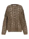 Brunello Cucinelli Dazzling Brown Round Neck Sweater With Open Stitch And Beaded Decorations In Linen Blend Woman In Brown