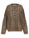 Brunello Cucinelli Dazzling Brown Round Neck Sweater With Open Stitch And Beaded Decorations In Linen Blend Woman In Brown